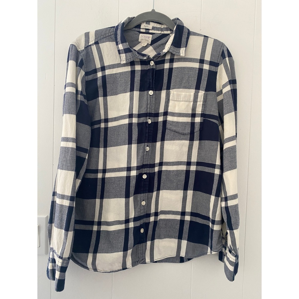 J.Crew Boy Fit Plaid Button Down Shirt Womens Size L‎ Navy/White Cotton